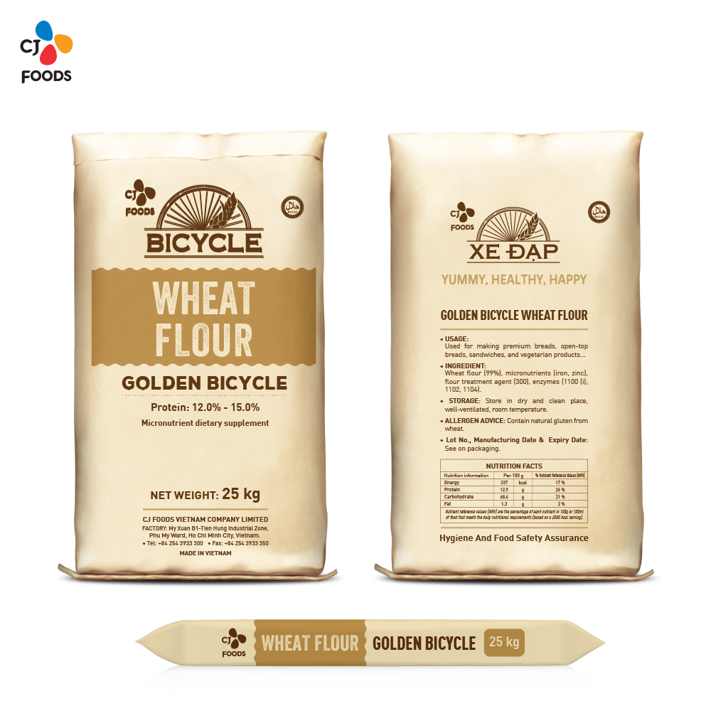 Wheat flour, golden bicycle bag, paper, 25kg, 01